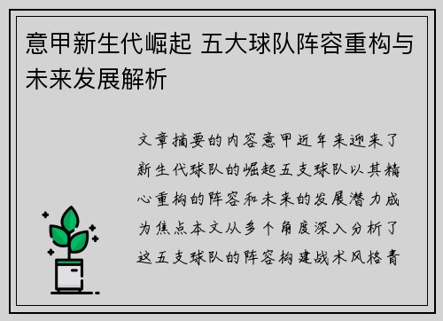 意甲新生代崛起 五大球队阵容重构与未来发展解析