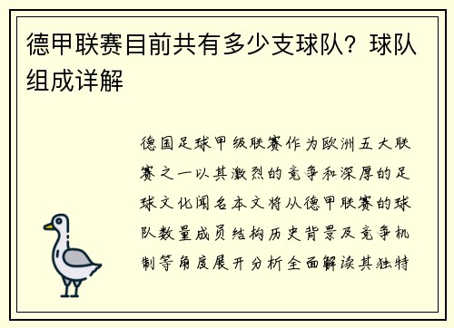 德甲联赛目前共有多少支球队？球队组成详解